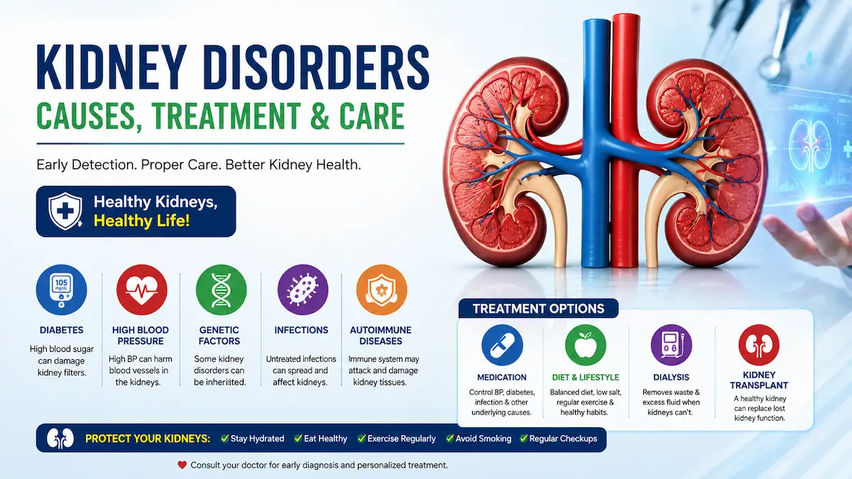 Kidney disorders infographic showing causes, treatment options.