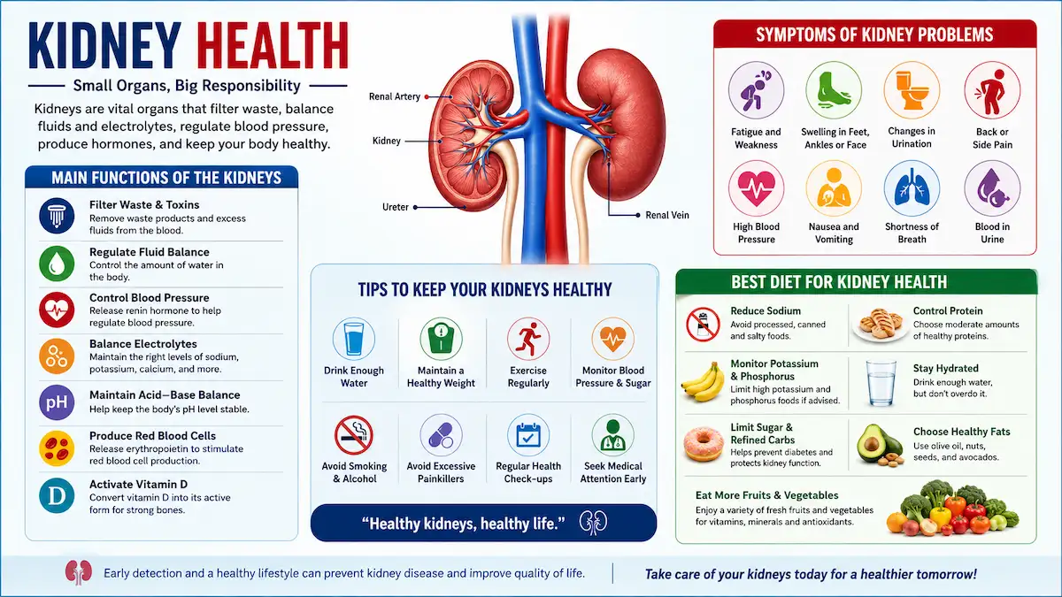 Kidney health infographic showing kidney functions, symptoms of kidney problems