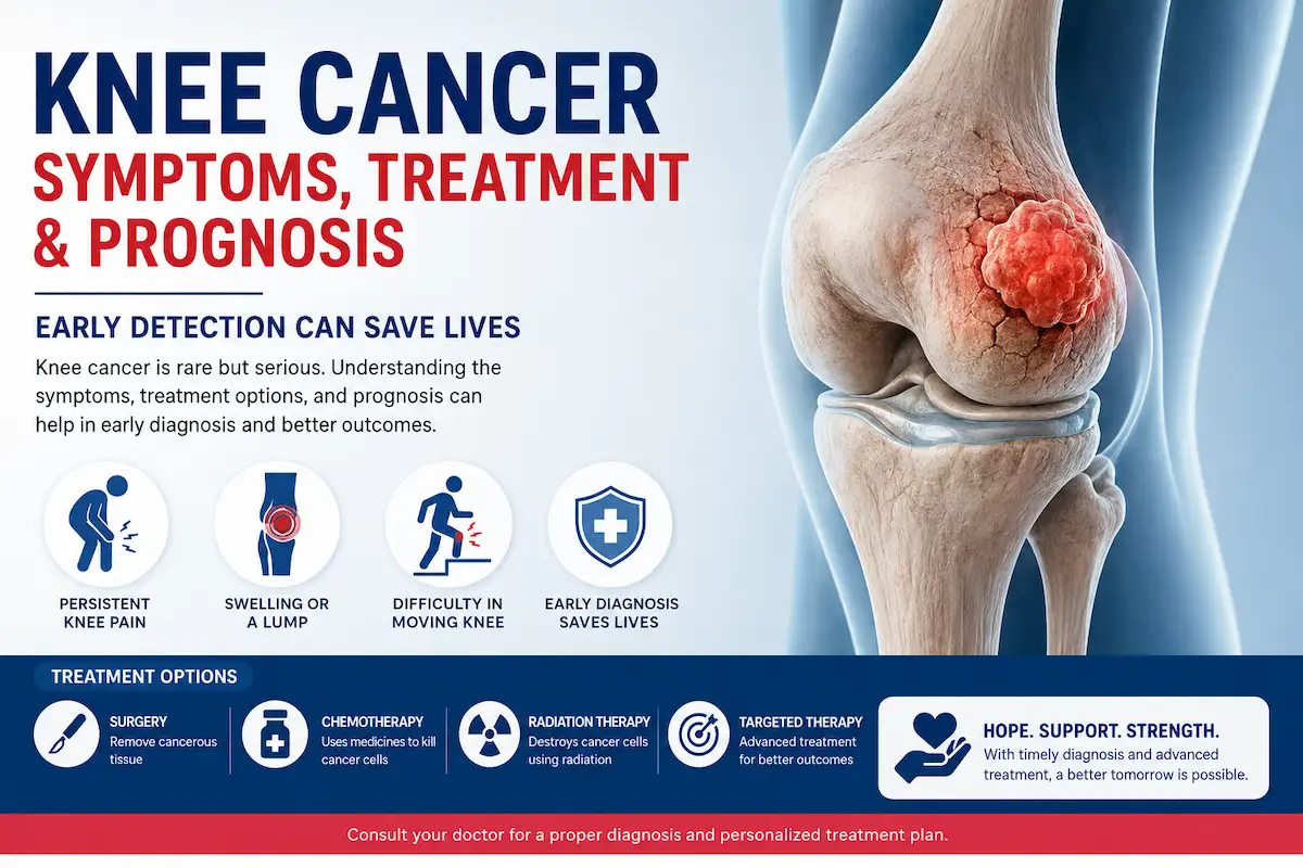 Knee cancer symptoms, treatment options, and prognosis infographic