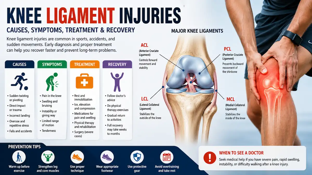 Knee ligament injury showing damaged knee ligaments and common symptoms