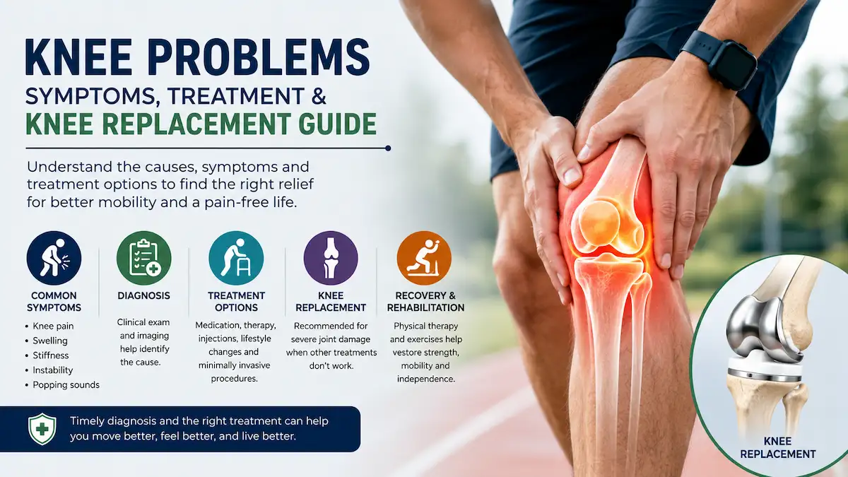 Knee problems symptoms, treatment options, and knee replacement surgery illustration