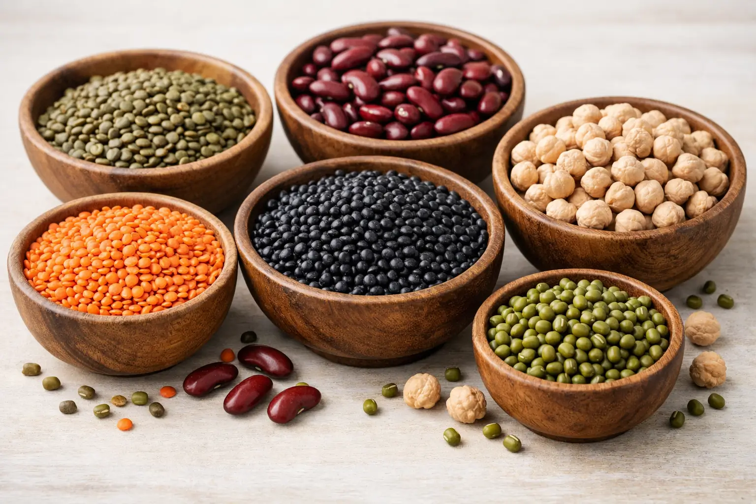 Assorted lentils and legumes including red lentils, green lentils, black lentils, chickpeas,.