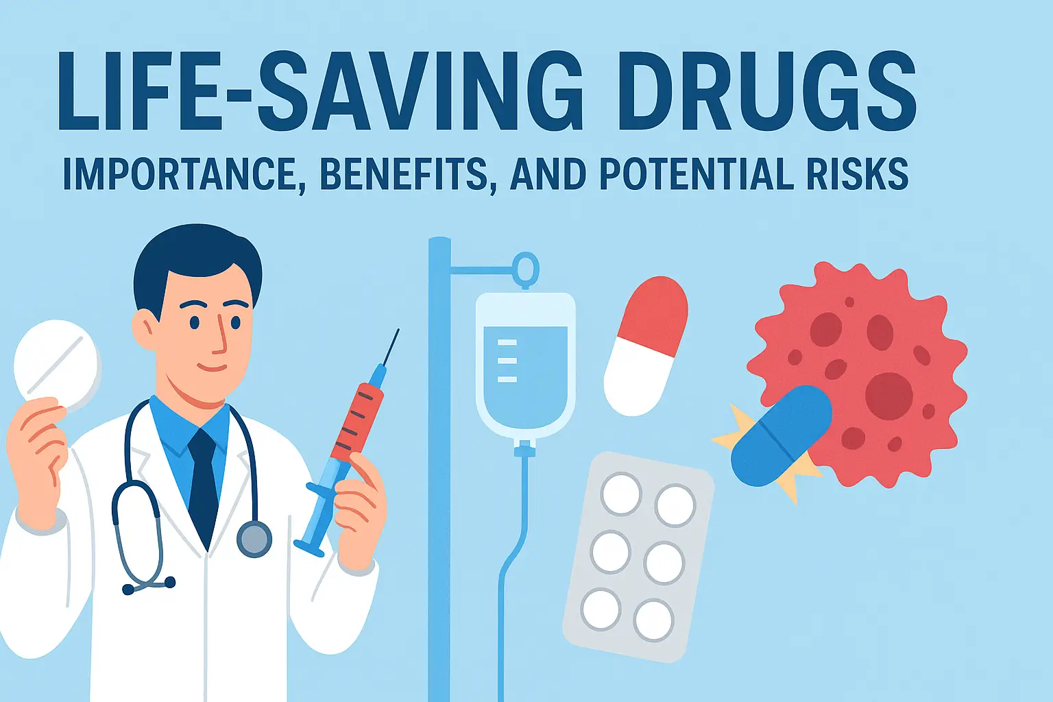 Doctor showing various life-saving drugs including tablets, injections, and IV medications.
