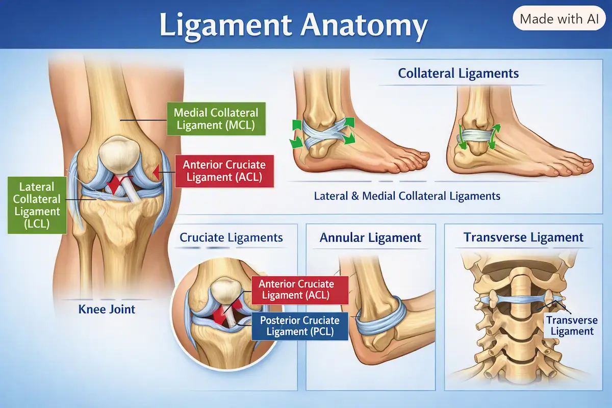 Medical illustration showing types of ligaments in knee, ankle, elbow, and neck joints 