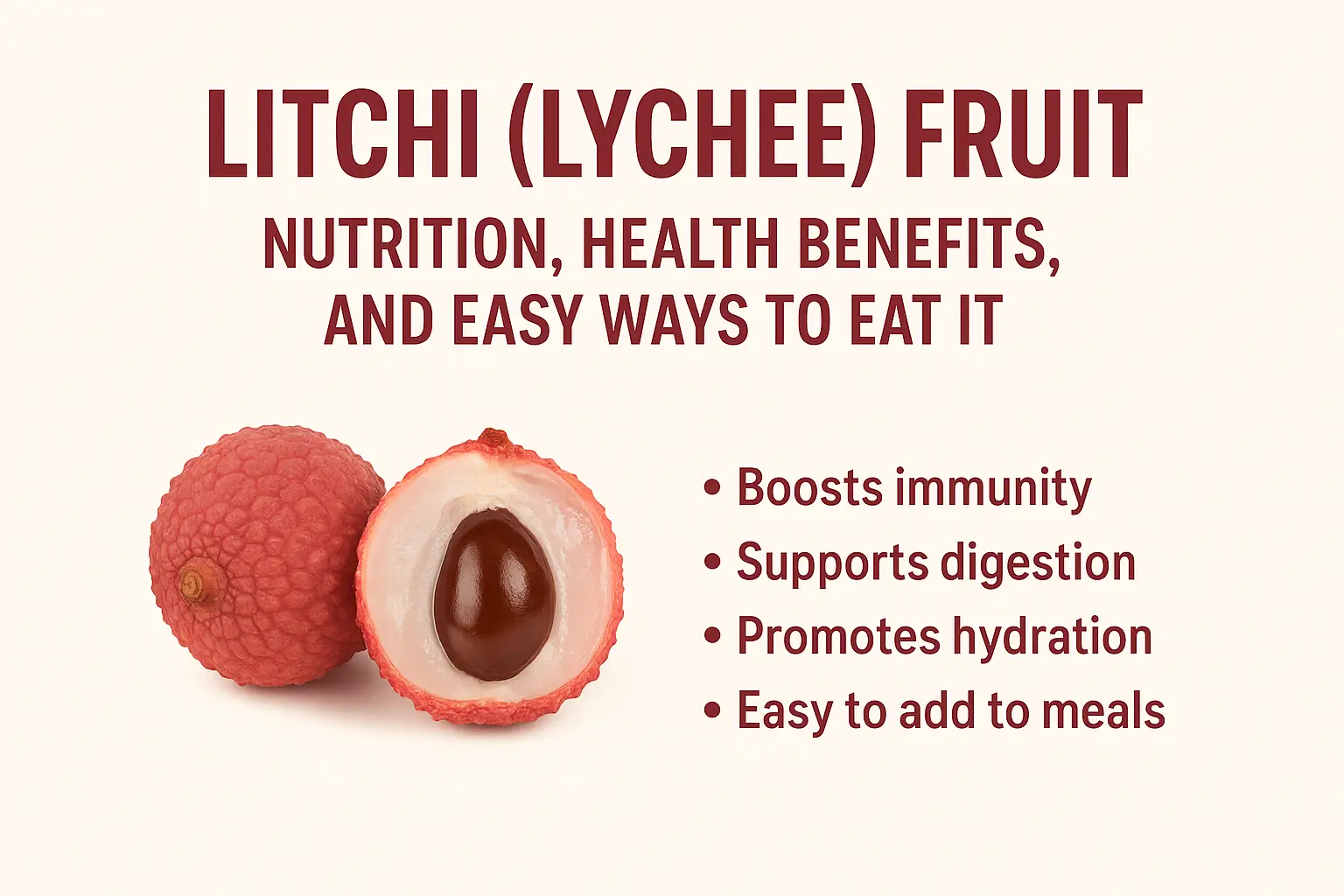 Fresh litchi fruit showing red shell and juicy white pulp with health benefits.