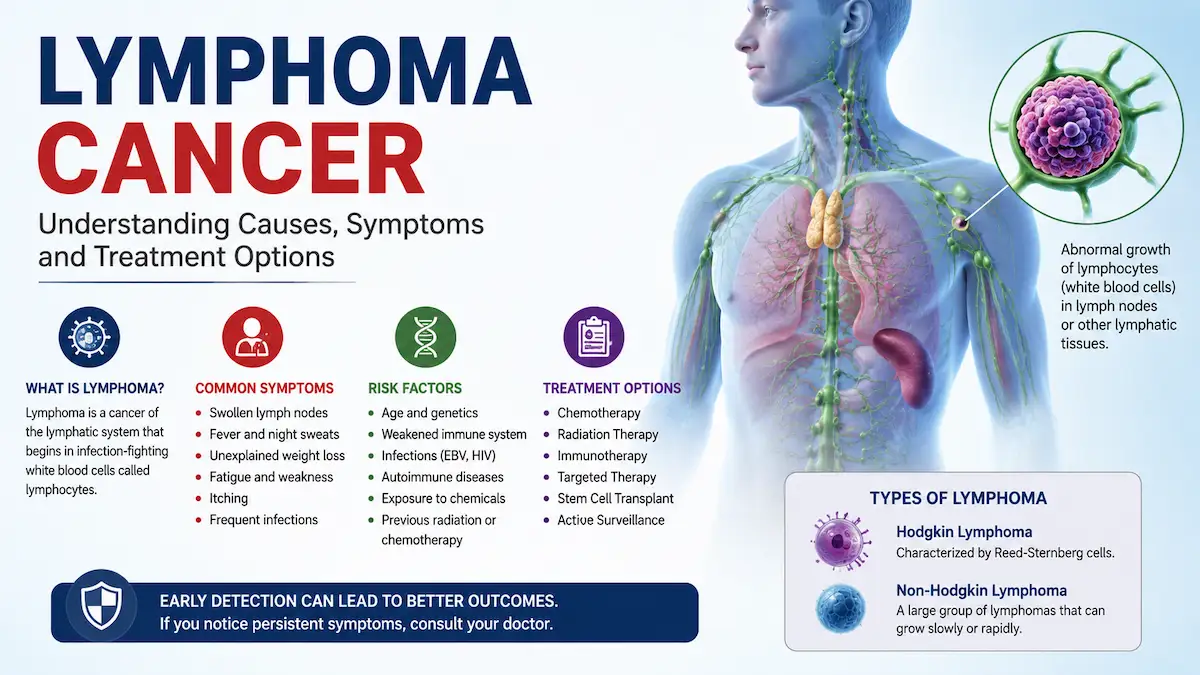 Medical illustration showing lymphoma cancer affecting the lymphatic system