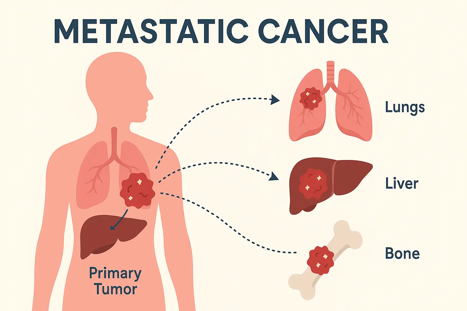 Illustration showing the spread of metastatic cancer from the primary tumor to other organs.