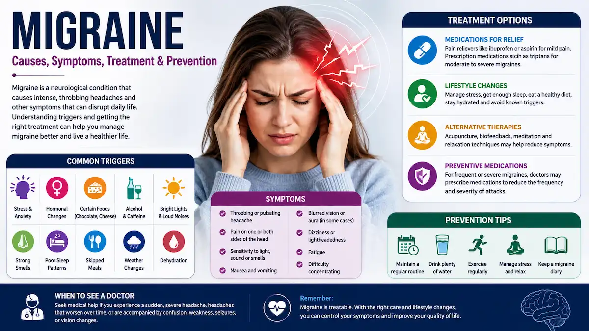 Migraine causes, symptoms, triggers, treatment and prevention illustration