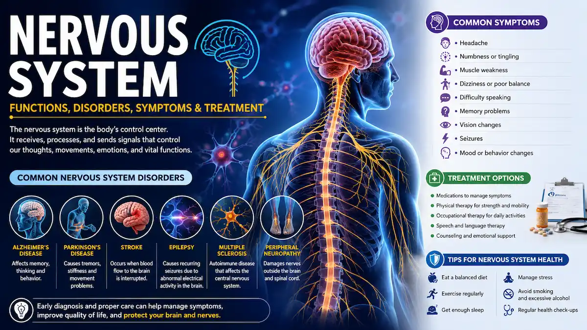 Nervous system anatomy showing the brain, spinal cord, nerves, common disorders