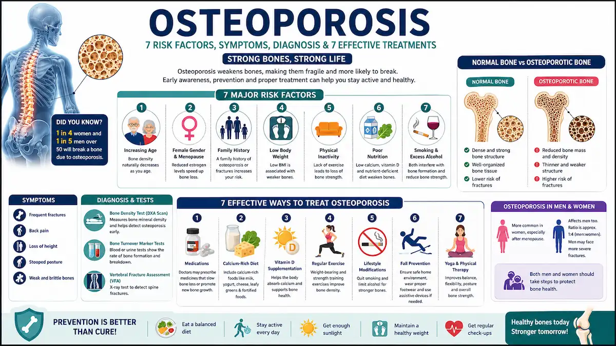 Illustration showing healthy bone and osteoporotic bone with risk factors