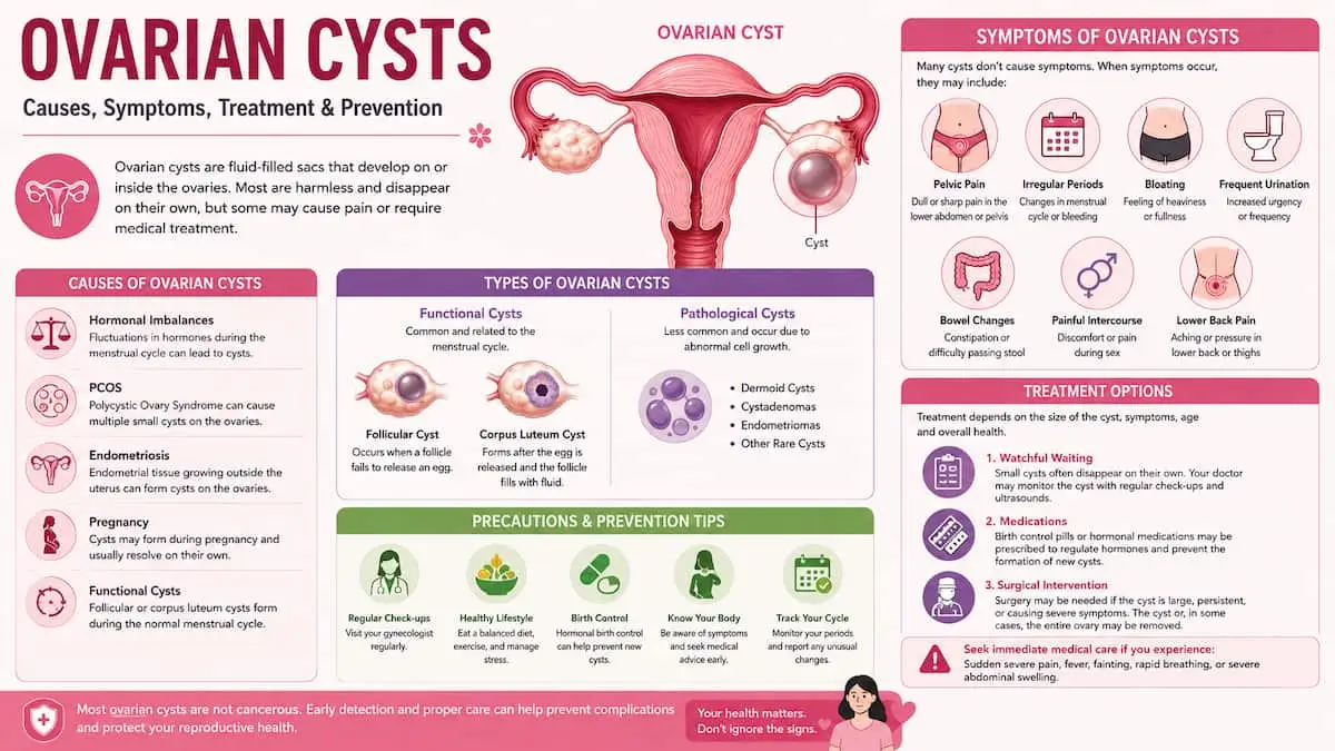 Medical infographic explaining ovarian cysts