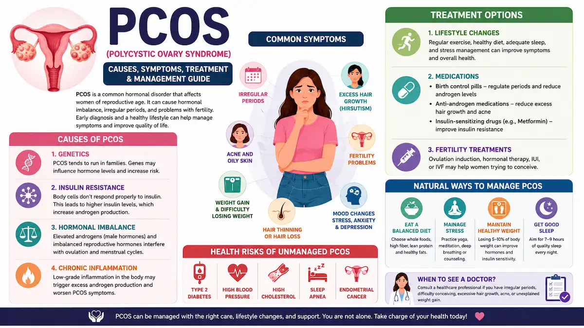 PCOS infographic explaining the causes, symptoms, treatment options