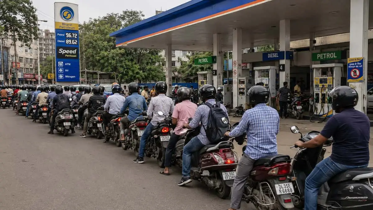 long queue of vehicles for petrol and diesel 