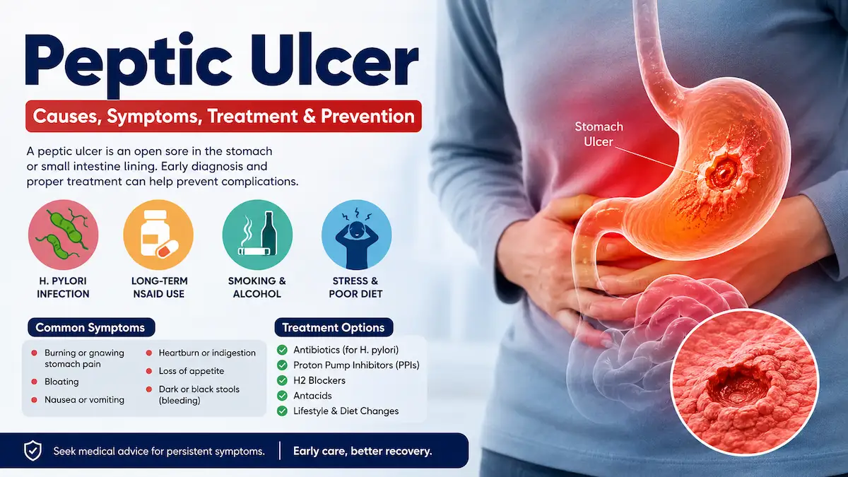 Peptic ulcer causes, symptoms, treatment and prevention infographic