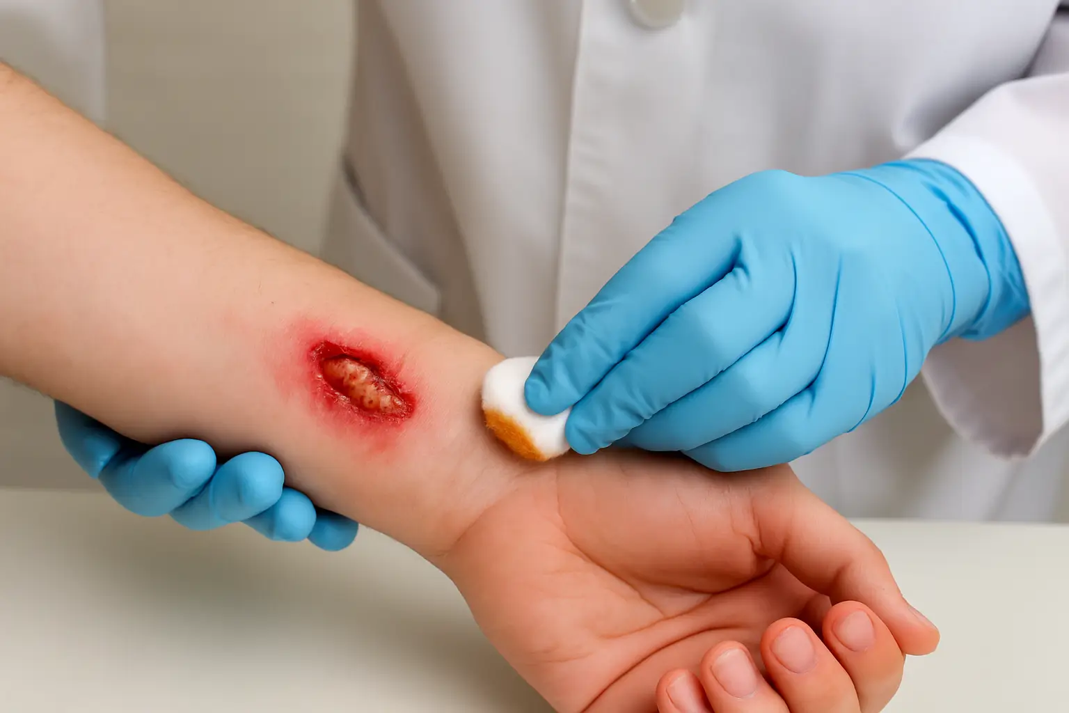 Person receiving medical treatment for a dog bite wound to prevent infection