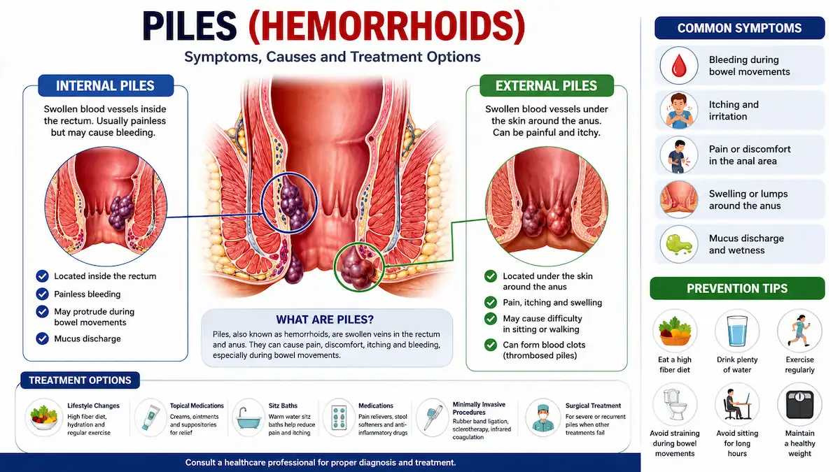 An anatomical illustration showing internal and external hemorrhoids