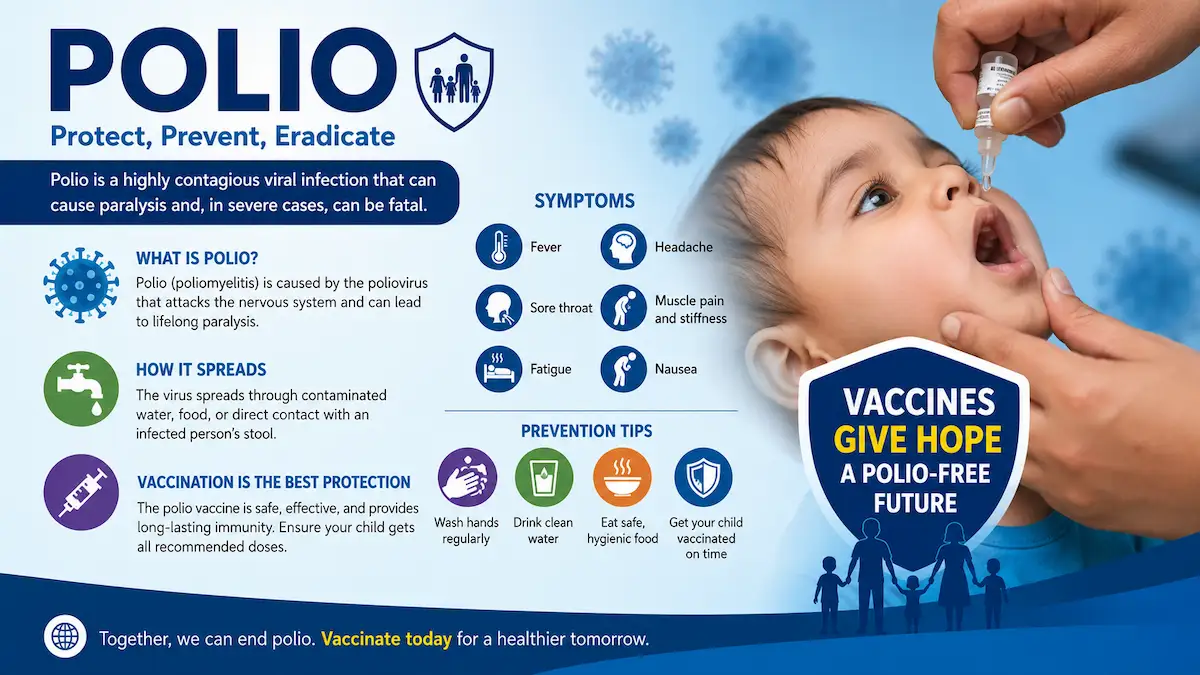 Medical illustration showing a child receiving a polio vaccine with icons highlighting polio symptom