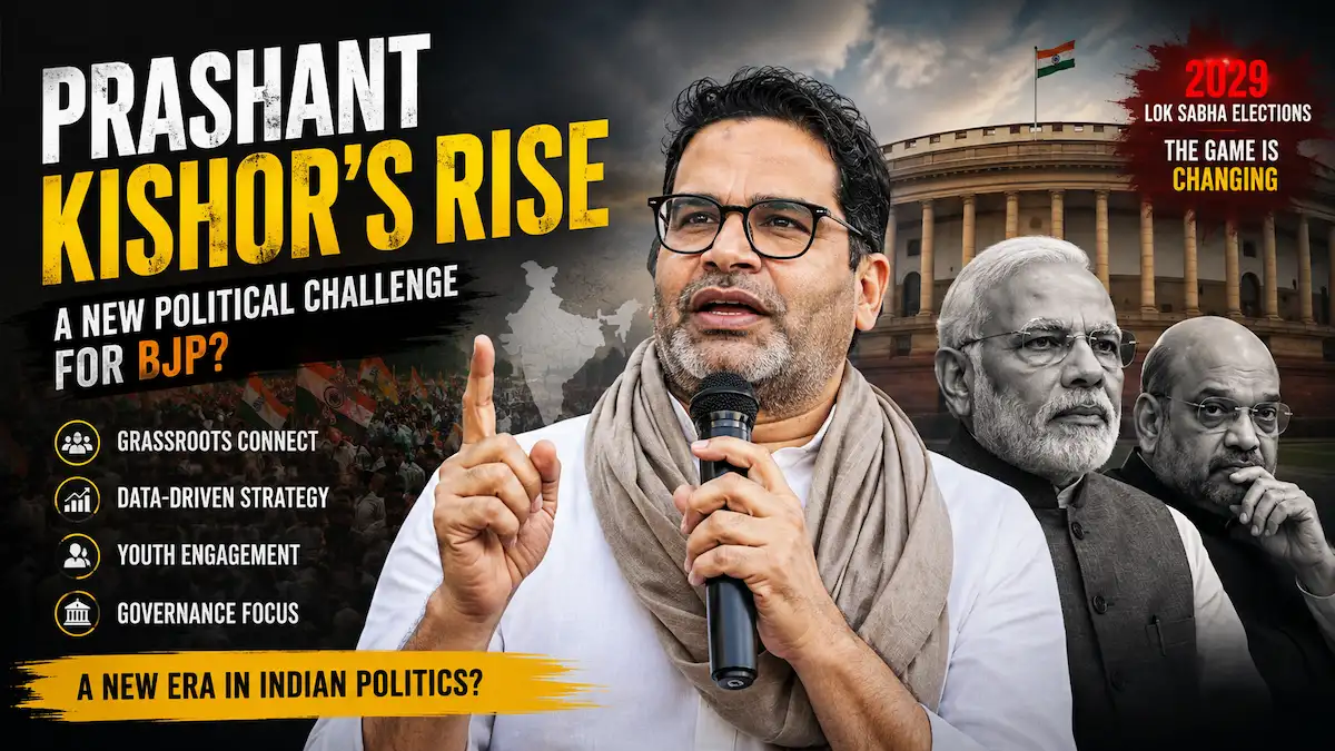 Prashant Kishor addressing supporters with Indian Parliament in the background