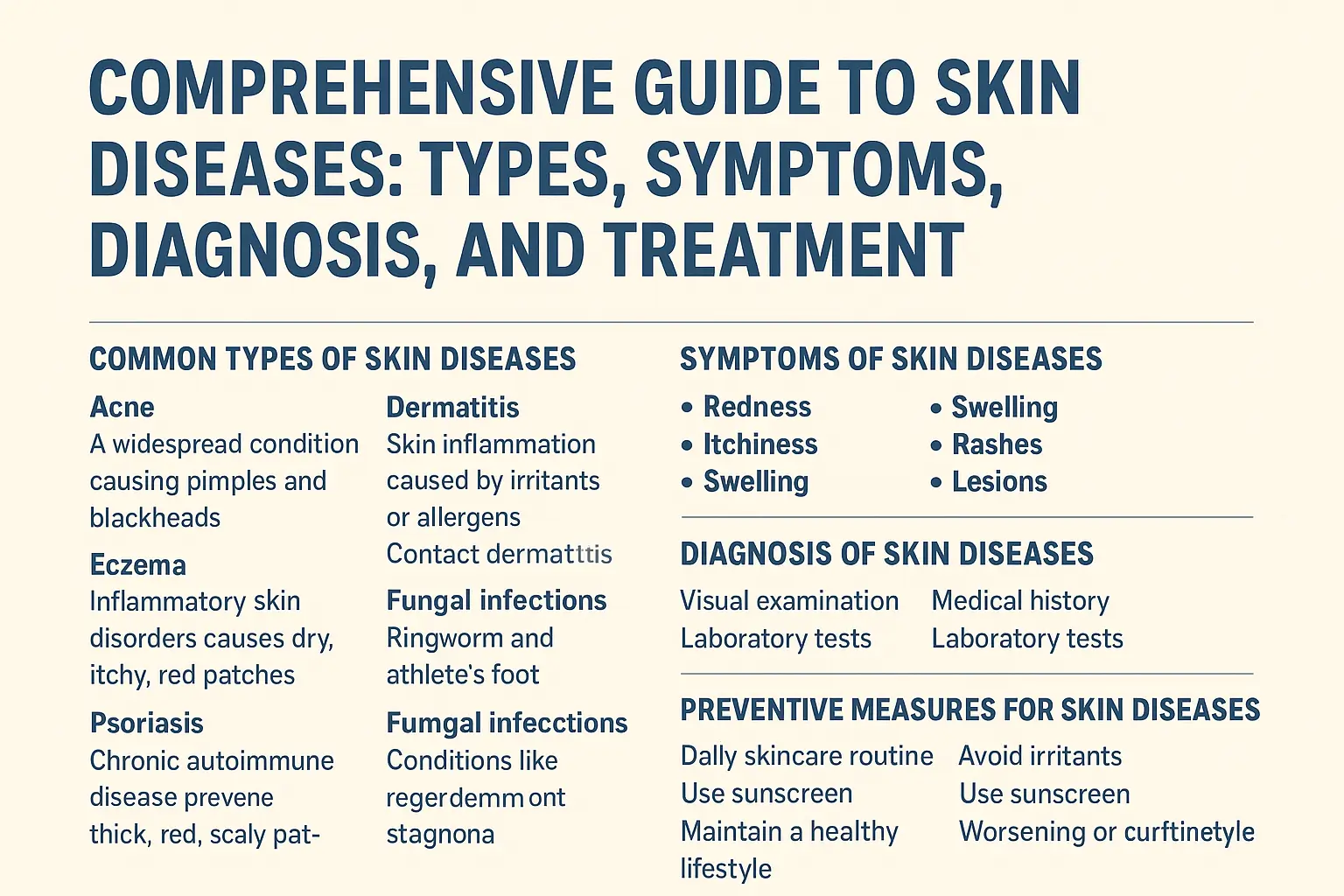 skin diseases highlighting common types like acne, eczema, psoriasis, dermatitis.