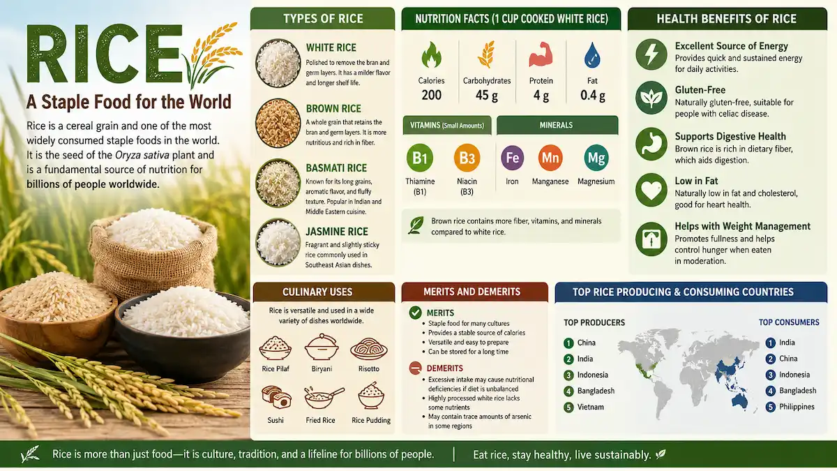 Rice grains in bowls with rice plants showing nutrition facts