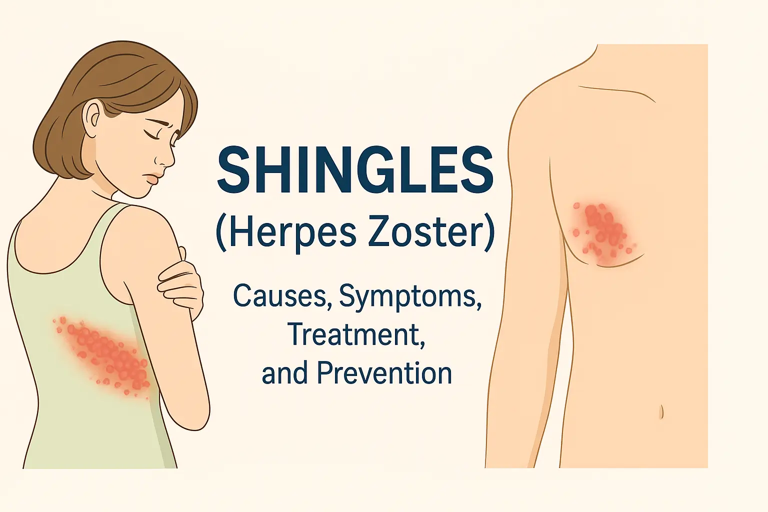 Illustration showing shingles (herpes zoster) symptoms with rash on the torso and chest.