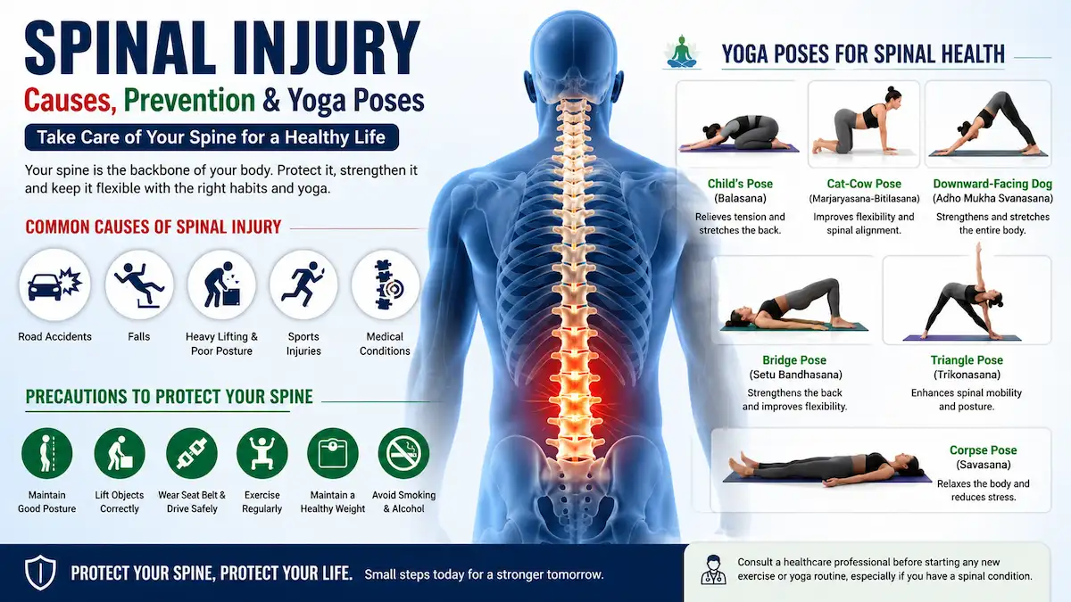 Illustration showing spinal injury causes, healthy spine anatomy, prevention tips