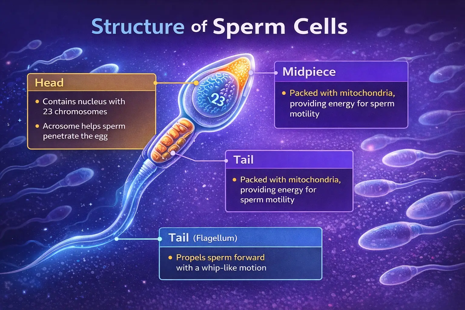 Illustration explaining the structure of sperm cells and the function
