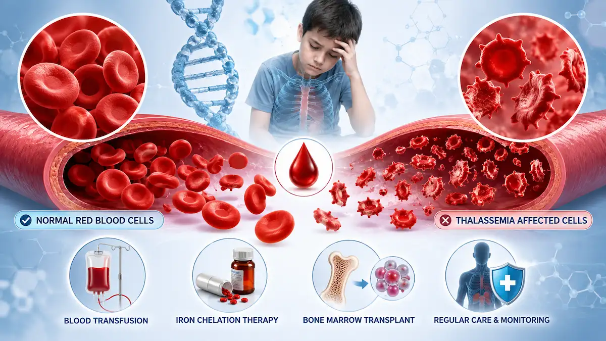 Medical illustration showing healthy and abnormal red blood cells affected