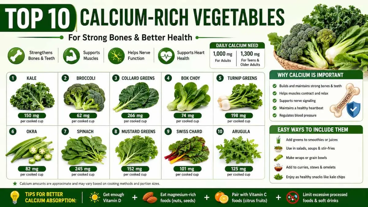 Infographic showing the top 10 calcium-rich vegetables
