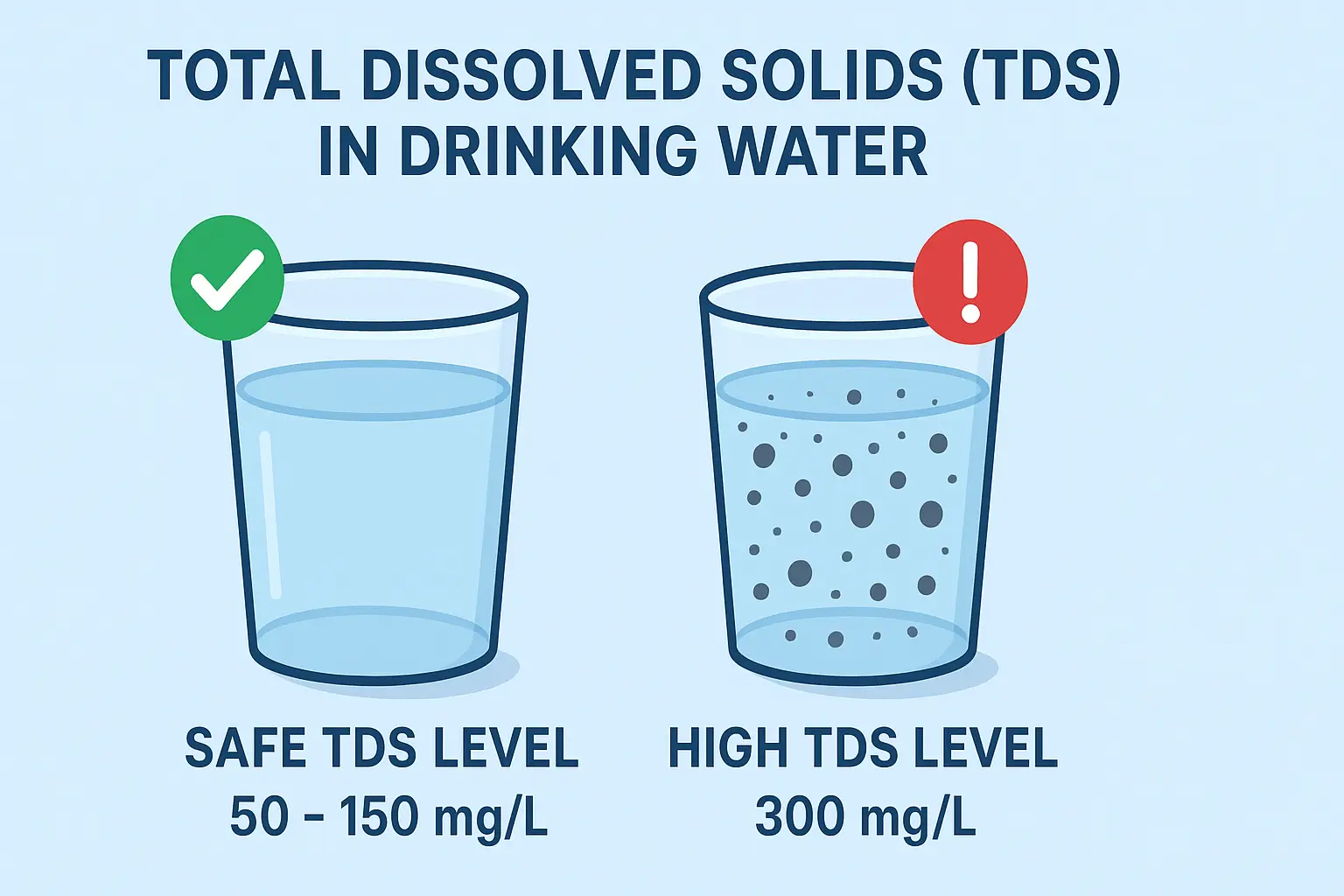 Illustration showing Total Dissolved Solids (TDS) in drinking water with safe and high TDS levels co