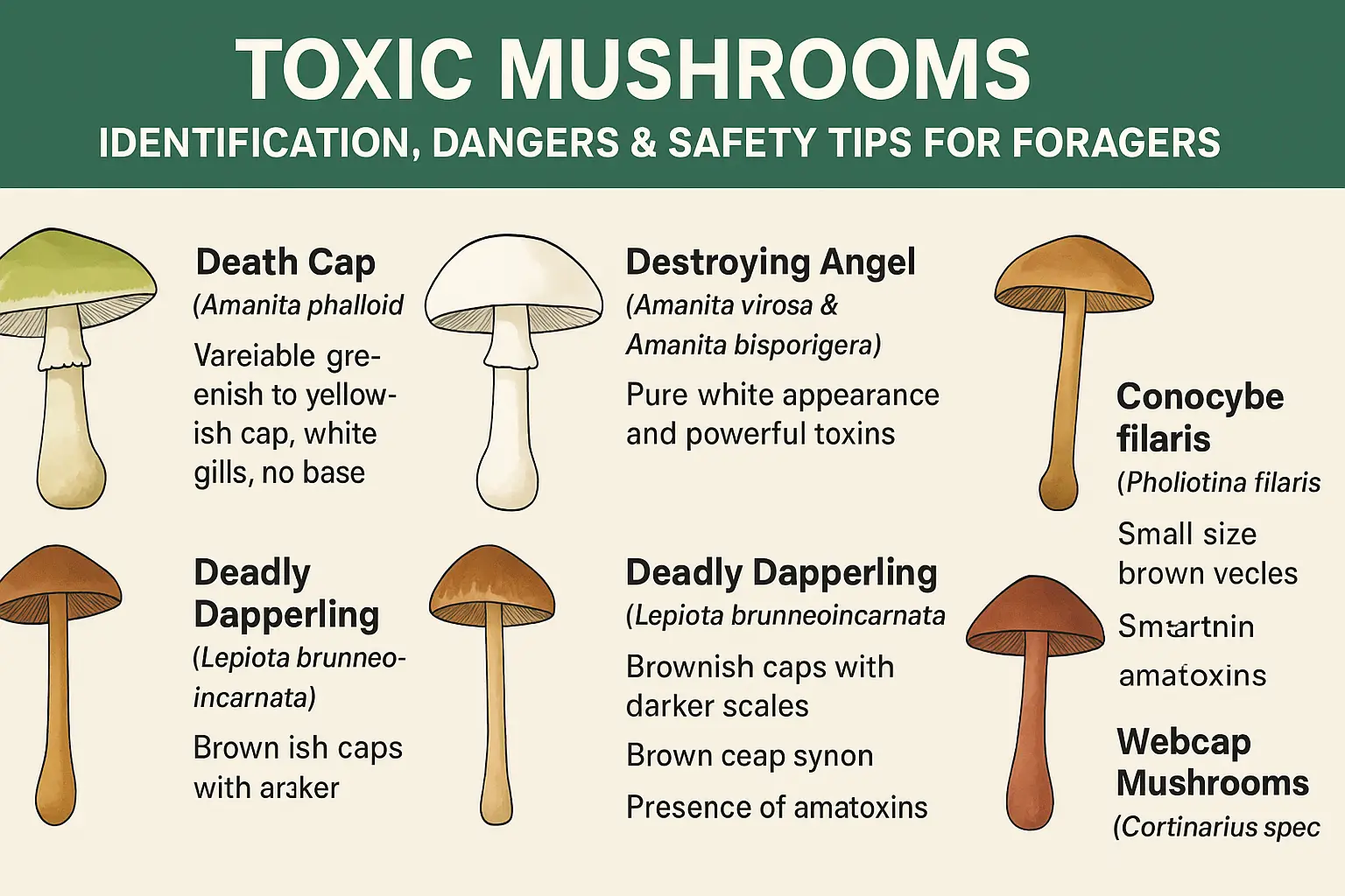 Infographic showing major toxic mushrooms including Death Cap