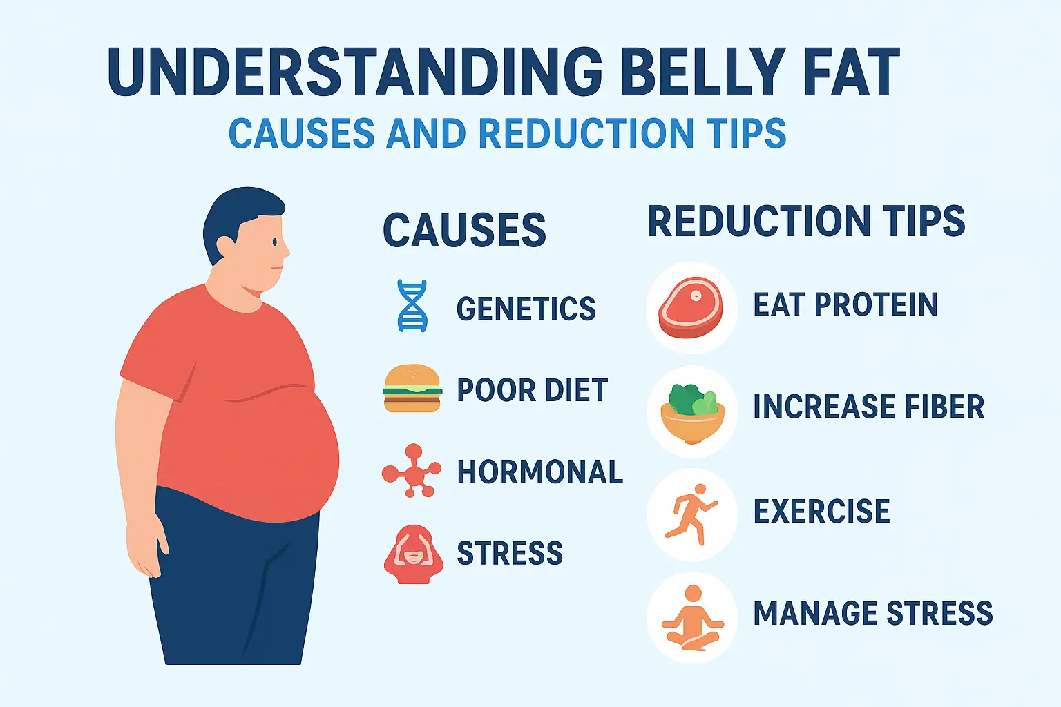 Infographic showing causes of belly fat and tips to reduce abdominal fat fast