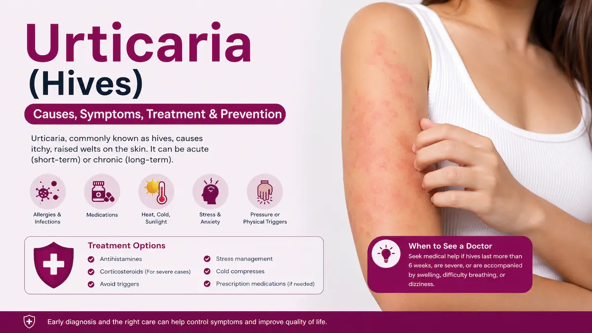 Medical infographic showing urticaria (hives) with its causes, symptoms, treatment options