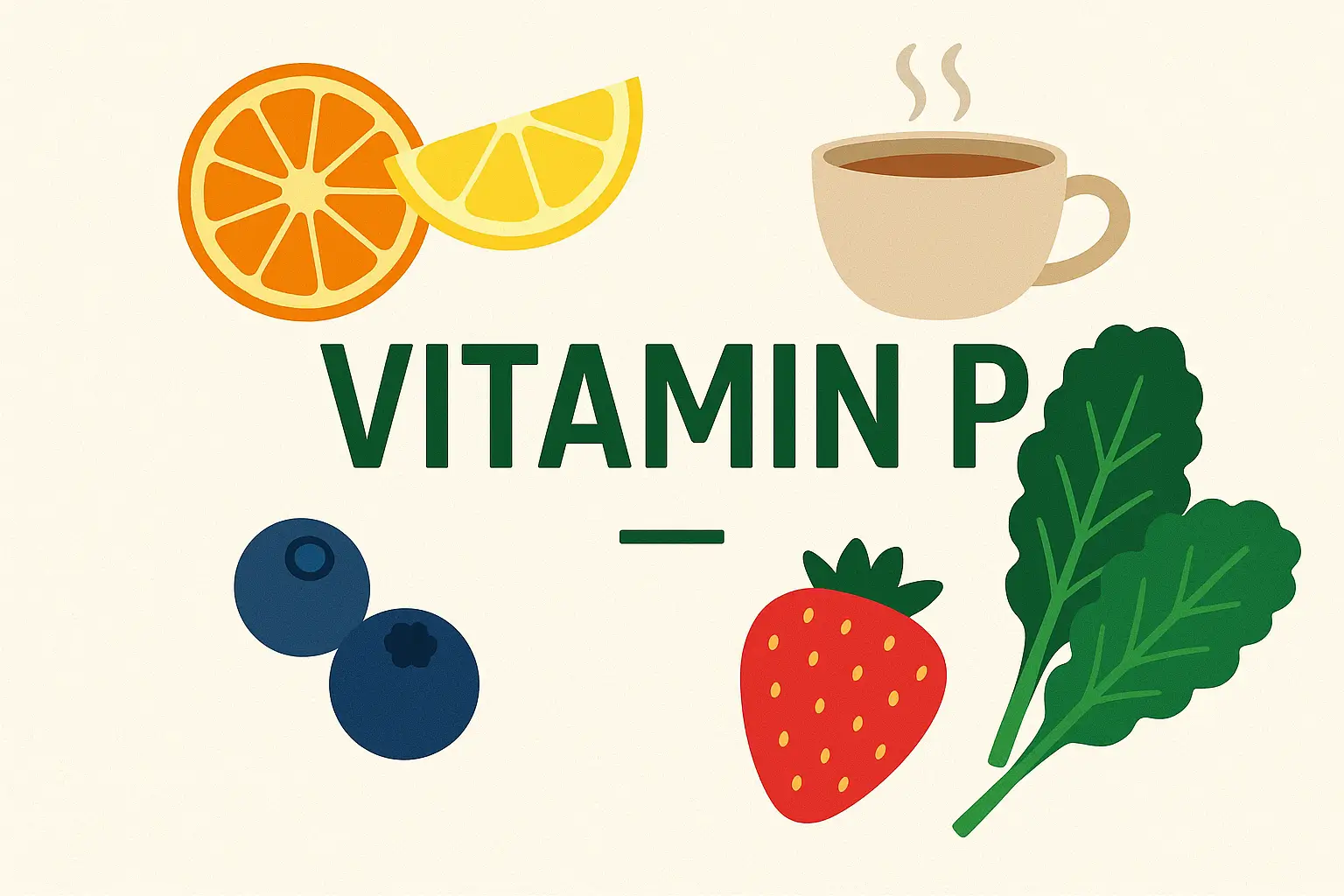 Illustration showing Vitamin P sources like citrus fruits, berries, leafy greens, and tea