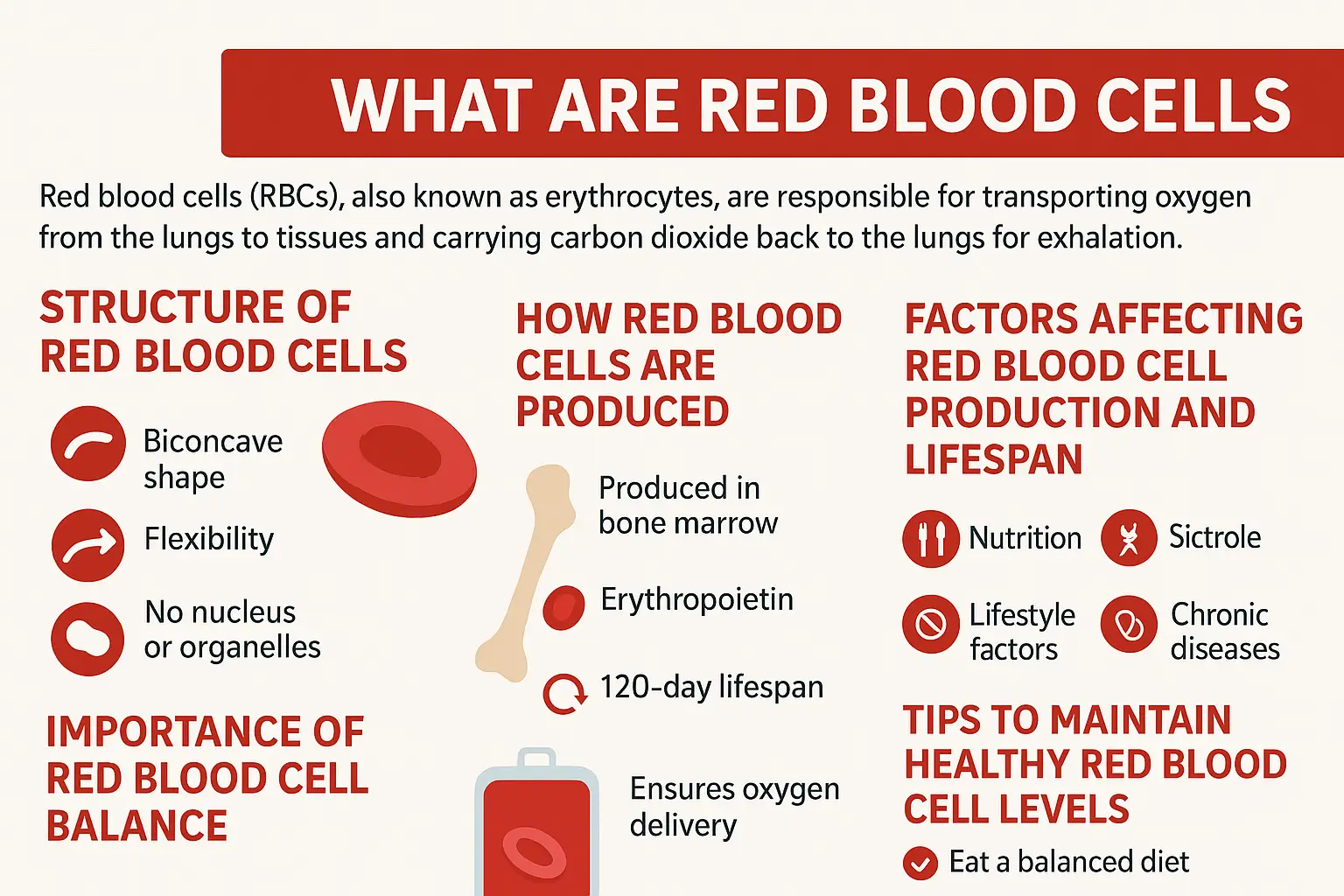 Infographic explaining red blood cells (RBCs), their structure, production in bone marrow.