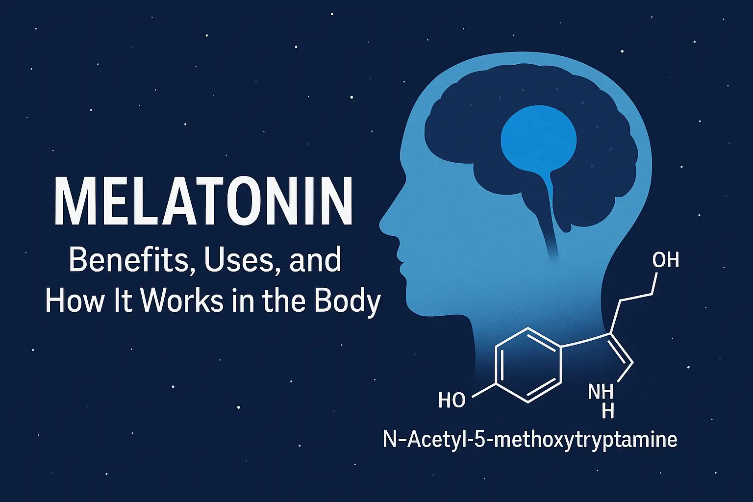 Illustration of melatonin production in the brain showing the pineal gland and chemical structure