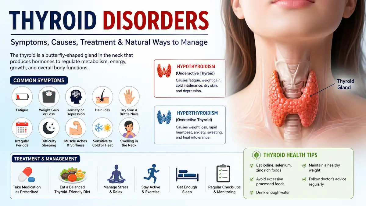 Illustration of the thyroid gland showing symptoms, causes, and treatment of thyroid disorders