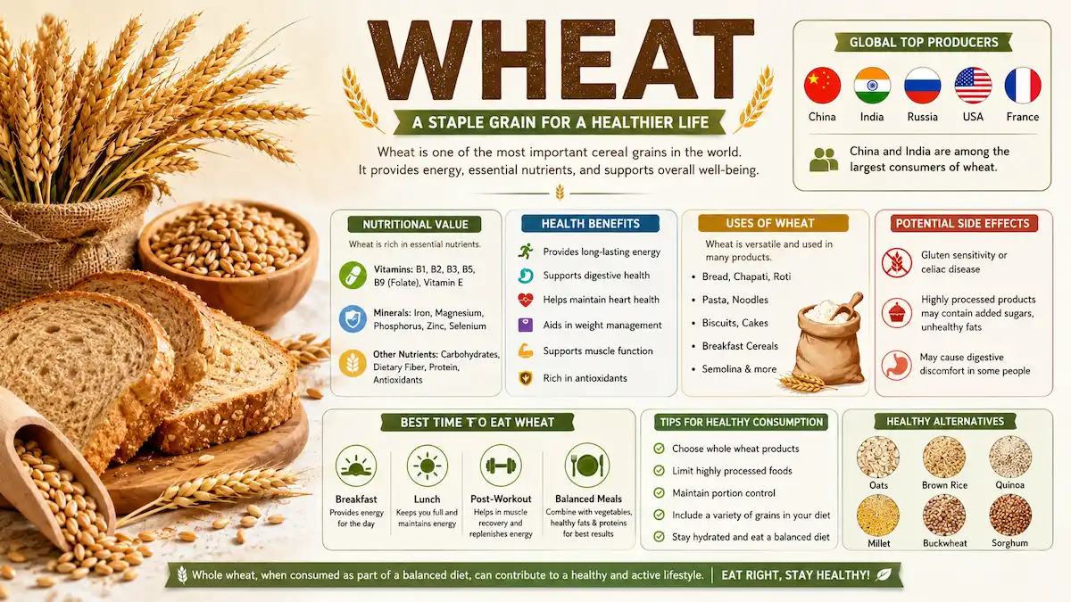 Whole wheat grains and wheat bread showing nutrition and health benefits
