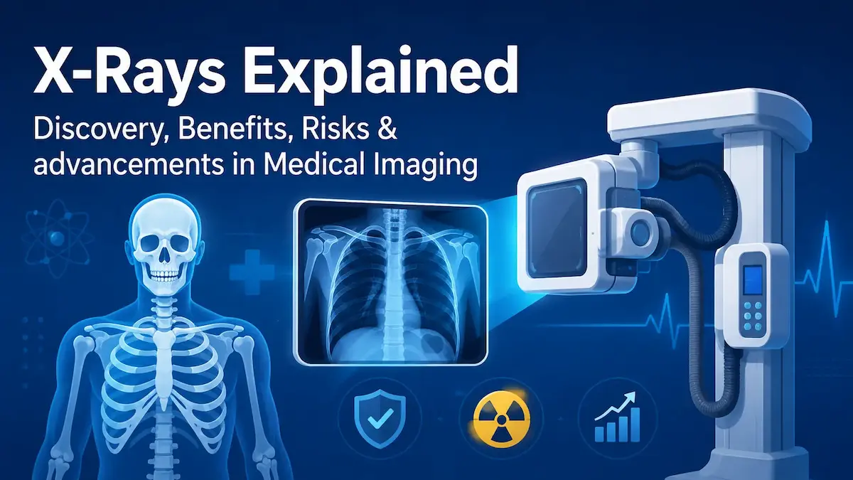 Illustration of X-ray technology showing human skeleton and modern digital imaging equipment