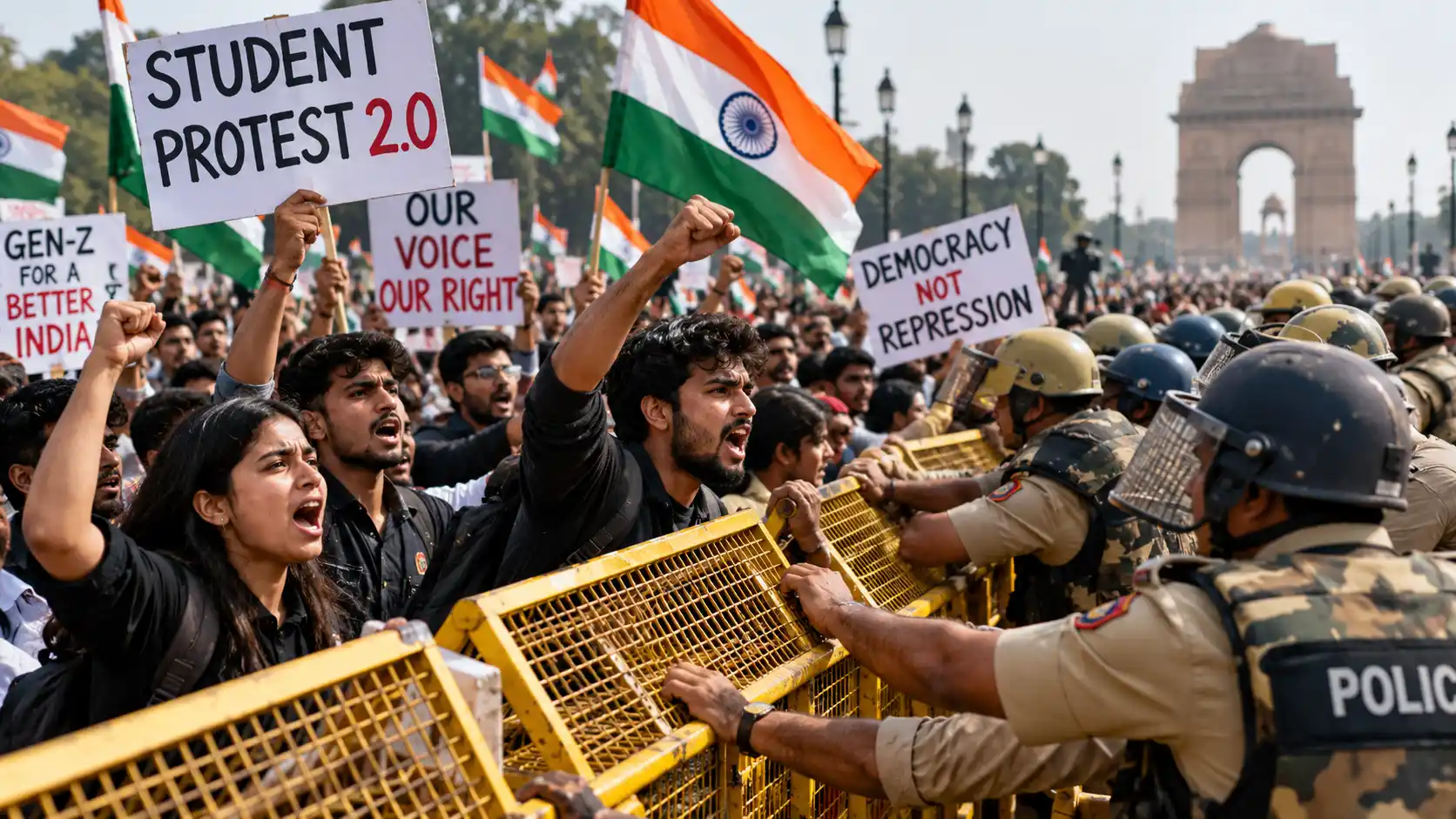 Young protesters and police barricades during a student demonstration in Delhi